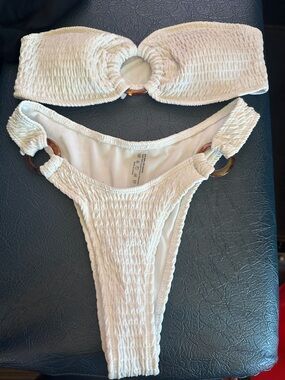 Zara Cream Smocked Bandeau Bikini Set with Tortoiseshell Rings